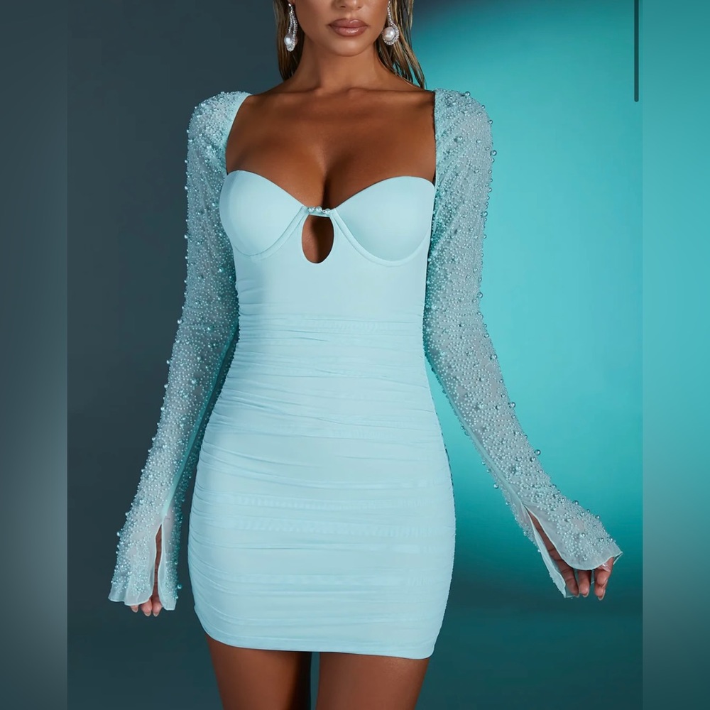 Oh Polly St.Germain Embellished Long Sleeve Mini Dress in Aqua